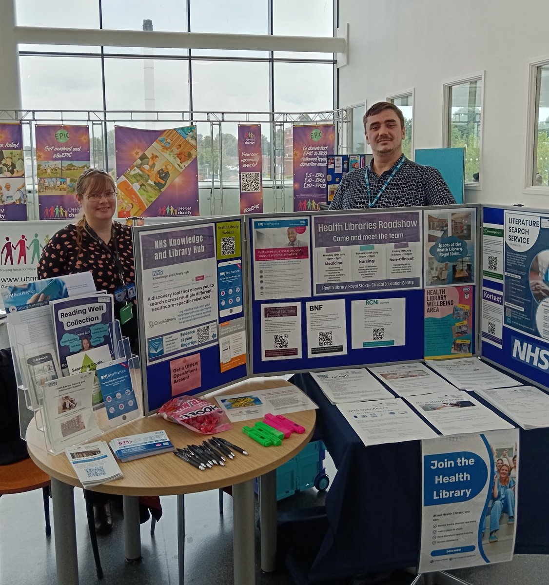 CECLibrary's tweet image. Health Libraries Roadshow! Come and meet some of our team on the mezzanine outside the restaurant at Royal Stoke &amp;amp; find out how the library can help you! Here today until 12pm &amp;amp; again Friday 11:30am to 1:30pm #UHNM #HealthLibrary