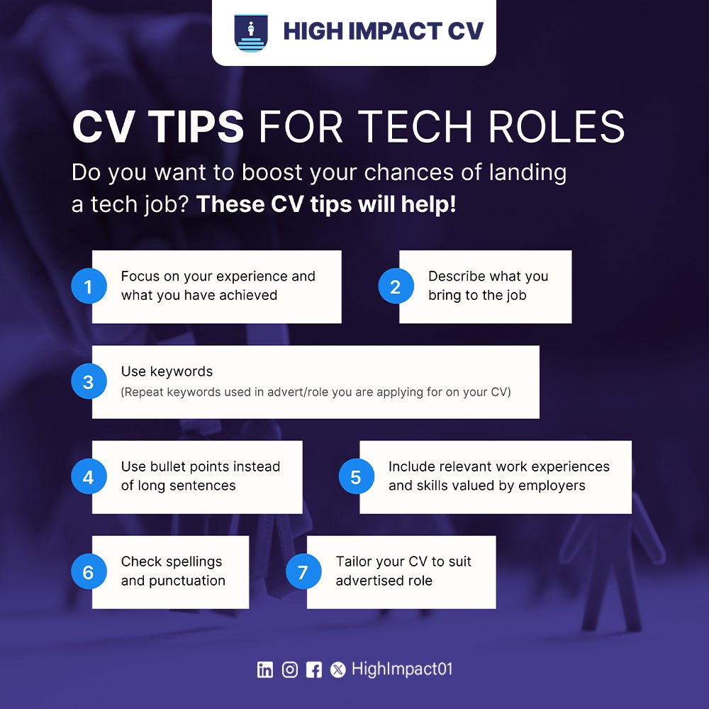 HighImpactCV's tweet image. Do you want to boost your chances of landing a tech job? These tips will help. #HighImpactCareers #CareersInTech