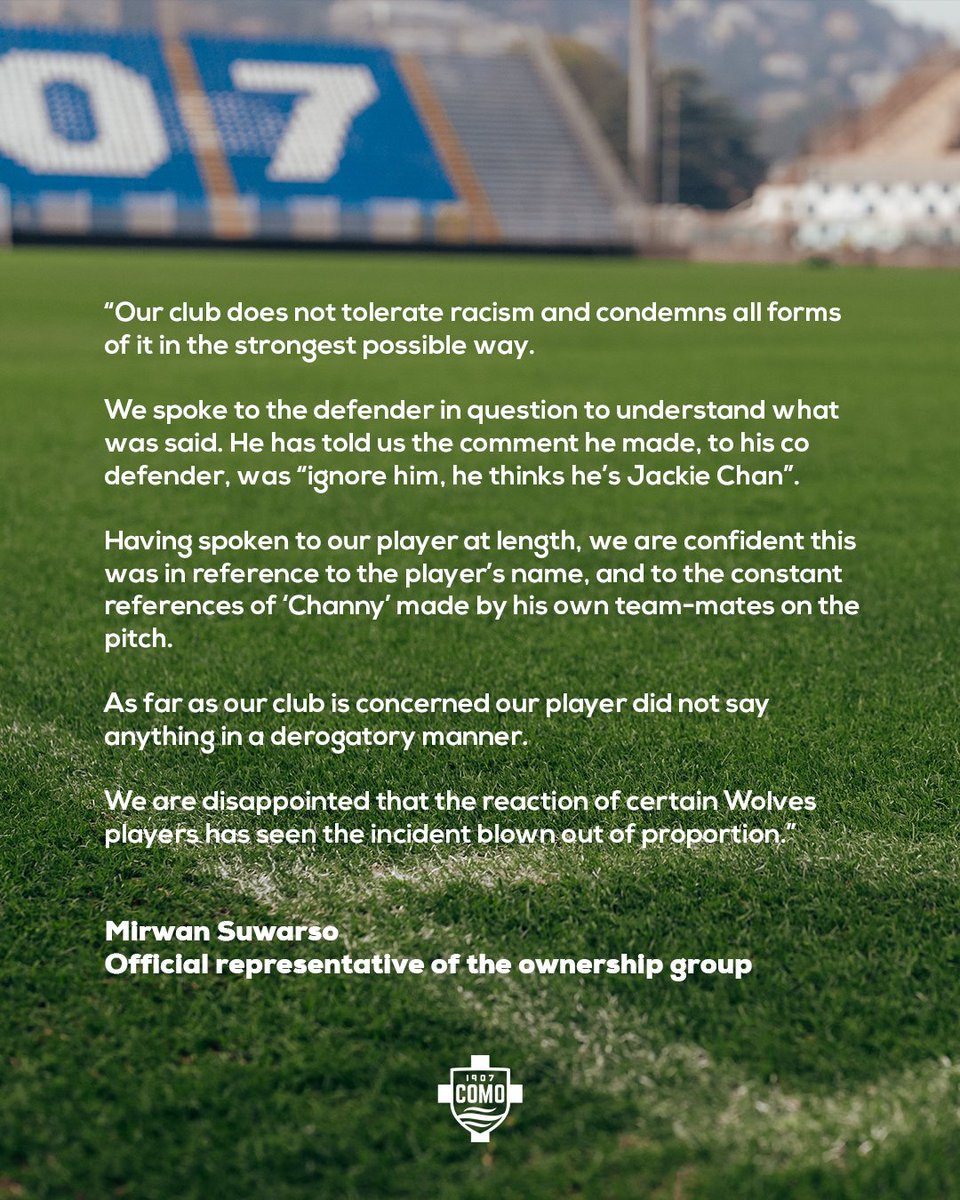 Como_1907's tweet image. Official statement regarding yesterday's incident during our friendly vs. Wolves: