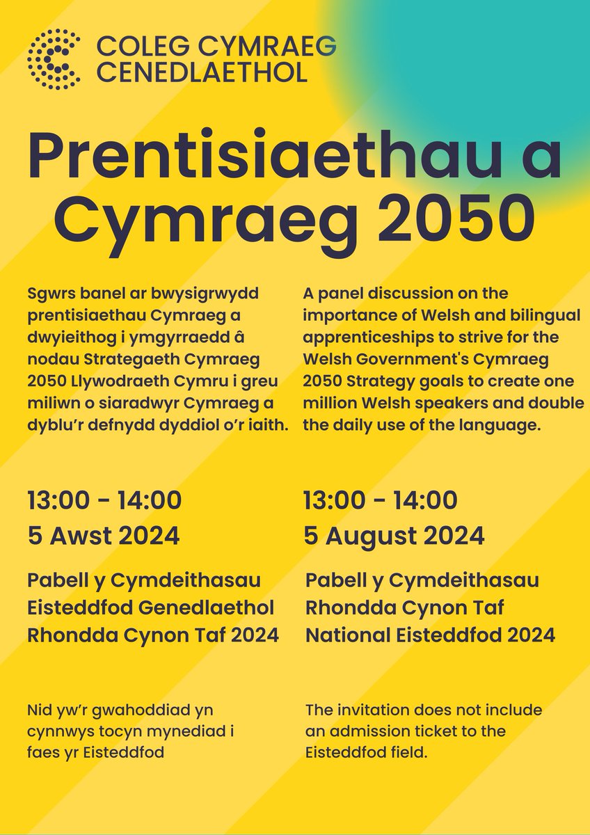 Dyddiad i'r dyddiadur! 
Dydd Llun / Monday
5 Awst / August 2024 -  1pm 
Pabell y Cymdeithasau, <a href="/eisteddfod/">eisteddfod</a>  Rhondda Cynon Taf.  <a href="/colegcymraeg/">Coleg Cymraeg</a> @BusnesLLM @LlandrilloMenai
