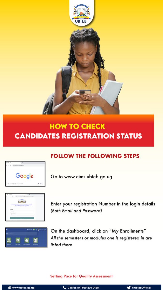 Uganda Vocational and Technical Assessment Board (@uvtabofficial) on Twitter photo How to Check Candidates Registration Status
Follow the steps below
<a href="/Educ_SportsUg/">Ministry of Education and Sports - Uganda</a> <a href="/GCICUganda/">Government Citizen Interaction Centre</a> <a href="/UgandaMediaCent/">Uganda Media Centre</a> <a href="/TVETuganda/">Technical Vocational Education and Training Uganda</a> How to Check Candidates Registration Status
Follow the steps below
<a href="/Educ_SportsUg/">Ministry of Education and Sports - Uganda</a> <a href="/GCICUganda/">Government Citizen Interaction Centre</a> <a href="/UgandaMediaCent/">Uganda Media Centre</a> <a href="/TVETuganda/">Technical Vocational Education and Training Uganda</a>