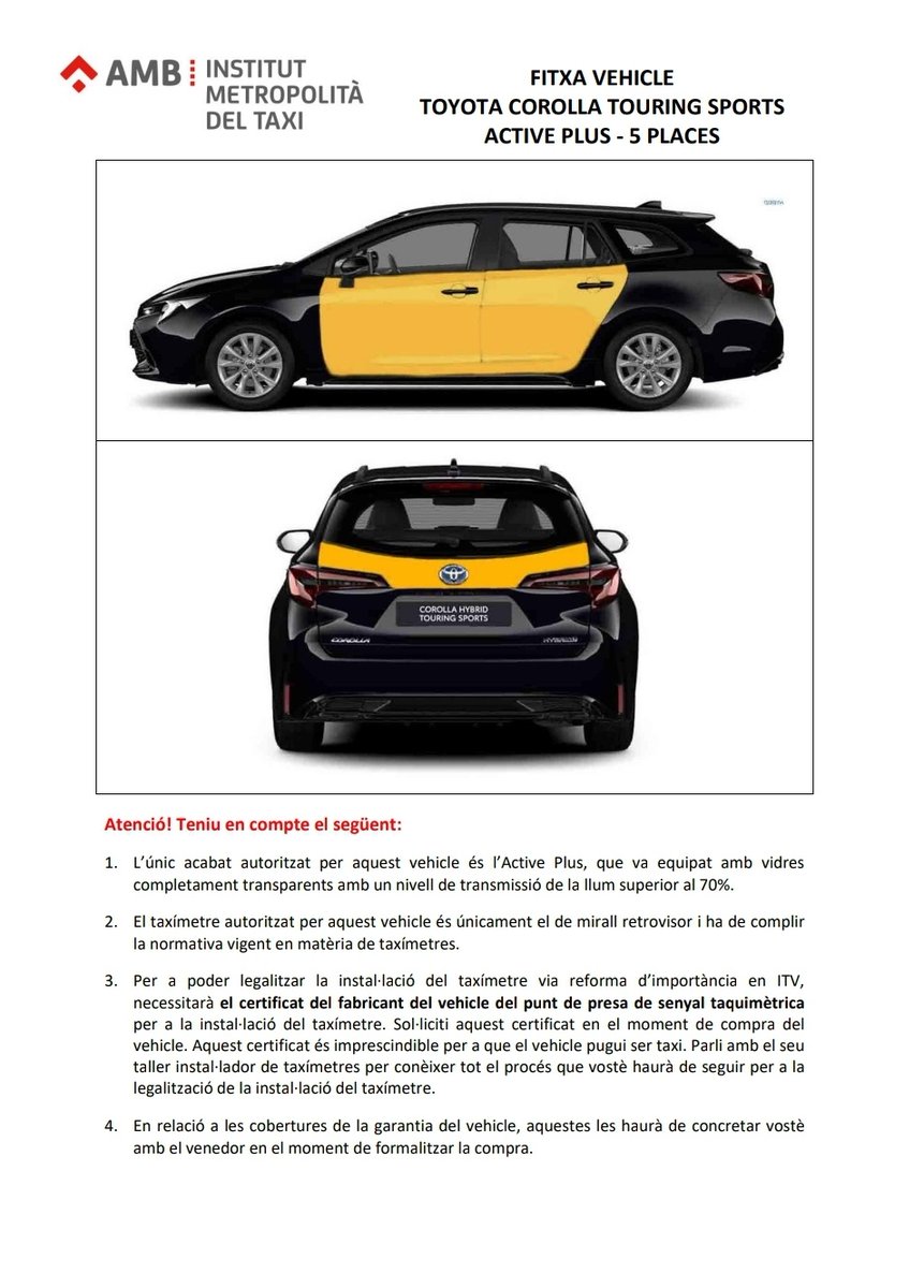 TaxiAnget's tweet photo. Homolagado y aprobado el TOYOTA COROLLA TOURING SPORTS
ACTIVE PLUS - 5 PLACES
#taxbcn #anget #lucha #barcelona #Catalunya 
🚖💪🏼🚕✔️ https://t.co/fRaNvIbu5P