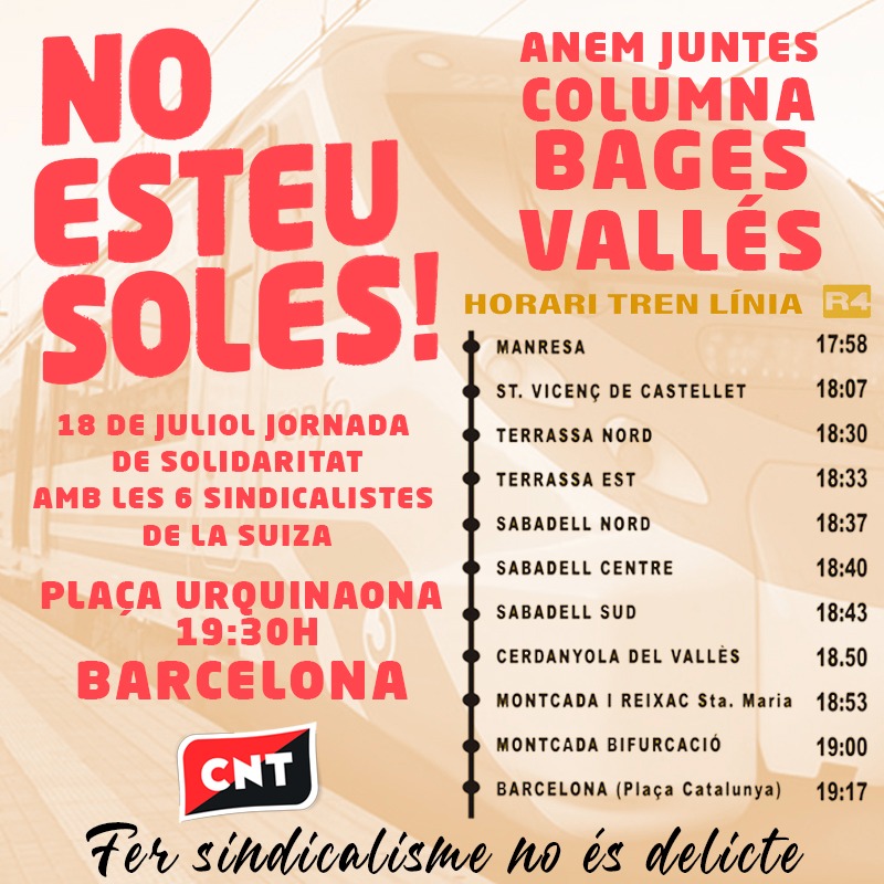 18J| Diverses columnes d'arreu del territori sortiran dijous direcció Barcelona per demostrar la solidaritat amb les 6 sindicalistes de La Suiza.

Uneix-te a la teva columna més propera o contacta'ns per conèixer quina et queda més a prop de casa.