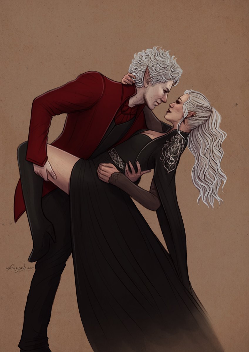 "In another life, we may have been Mr. and Mrs. Ancunin, peacefully waltzing our fortune away in the upper-city..." said Astarion, wondering.  
"Wouldn't that be boring?" she asked.  
"With you by my side? Never!"  

#BG3 #BG3fanart #Astarion #astarionxtav #Astarionfanart