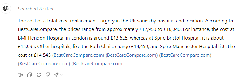 Bestcarecompare's tweet photo. As well as using https://t.co/vSoh1wVnlb to compare 'self-pay' prices, you can also ask ChatGPT (GPT-4) to compare prices and it will search https://t.co/vSoh1wVnlb for you. #SelfPay #PrivateHealth @wesstreeting #PatientPower #PatientChoice #AI #AIHealth #medtwitter https://t.co/SiPK0QttCA