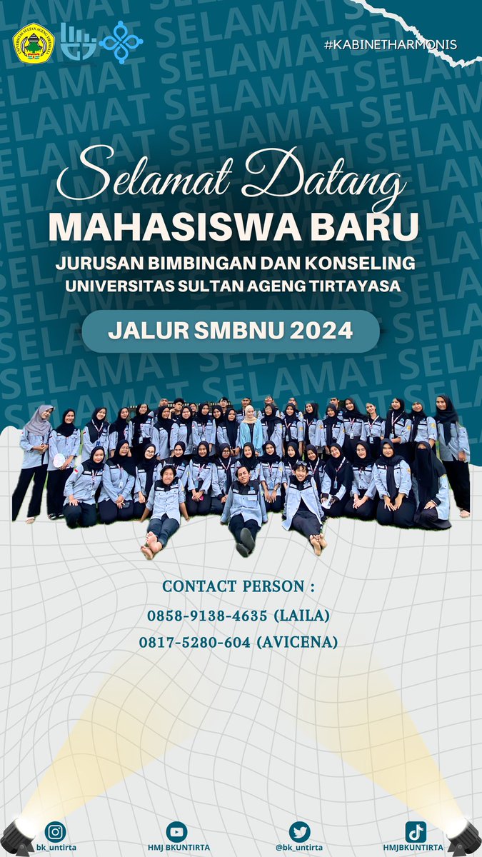 [SELAMAT DATANG MAHASISWA BARU BK UNTIRTA JALUR SMBNU]

We care we share!
Untuk kalian yang telah dinyatakan lolos, segera hubungi contact person dibawah ini :

+62 858-9138-4635 (Laila)
+62 817-5280-604 (Avicena)

Stay tuned for more information and see u when we see u 👋