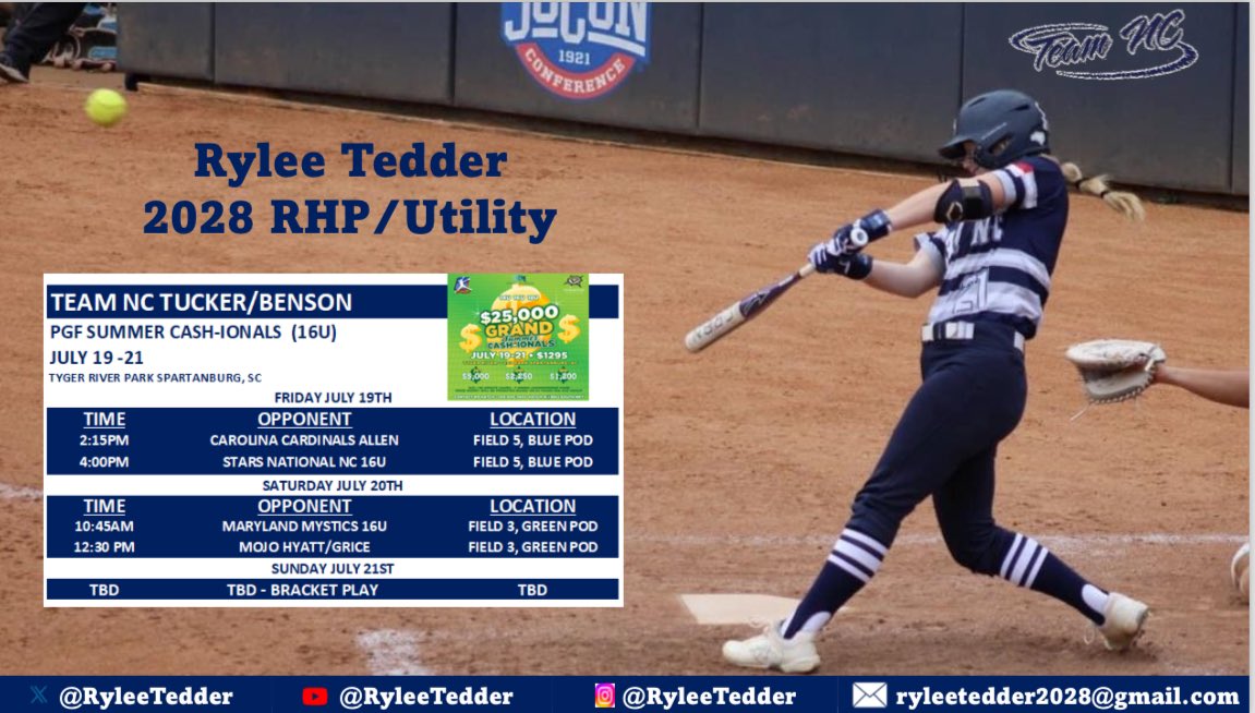 RyleeTedder's tweet photo. Last tournament for summer is this weekend in Spartanburg, SC for the PGF Cash-ionals! 💰💪🏻Hope to see you there!  #lyls💡✝️ @TeamNCSoftball @TeamNCTB @ExtraInningSB @LegacyLegendsS1 @LineDsoftball https://t.co/qlL9PpzF6Y