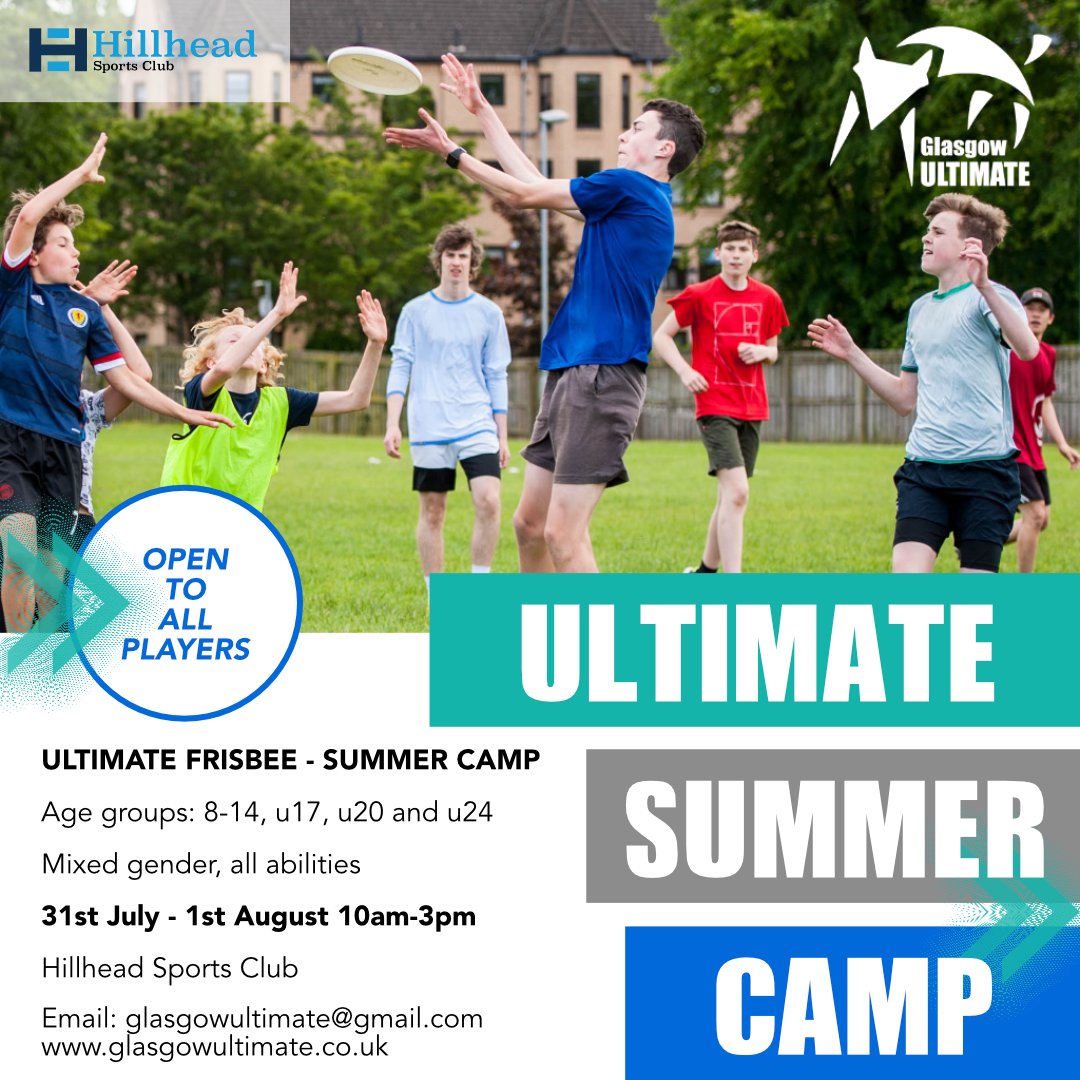 ULTIMATE FRISBEE SUMMER CAMP

Age groups: 8-14, u17, u20, u24
Mixed-gender, all abilities.

31st July &amp; 1st August 10am - 3pm
Hillhead Sports Club, Glasgow, G12 9XP

£10 per day

Register here: 
forms.gle/mfimUtv3fcZMtm…

<a href="/HillheadSports/">Hillhead Sports Club</a> @activeschoolsMO <a href="/Glasgow_Sport/">Glasgow Sport</a>