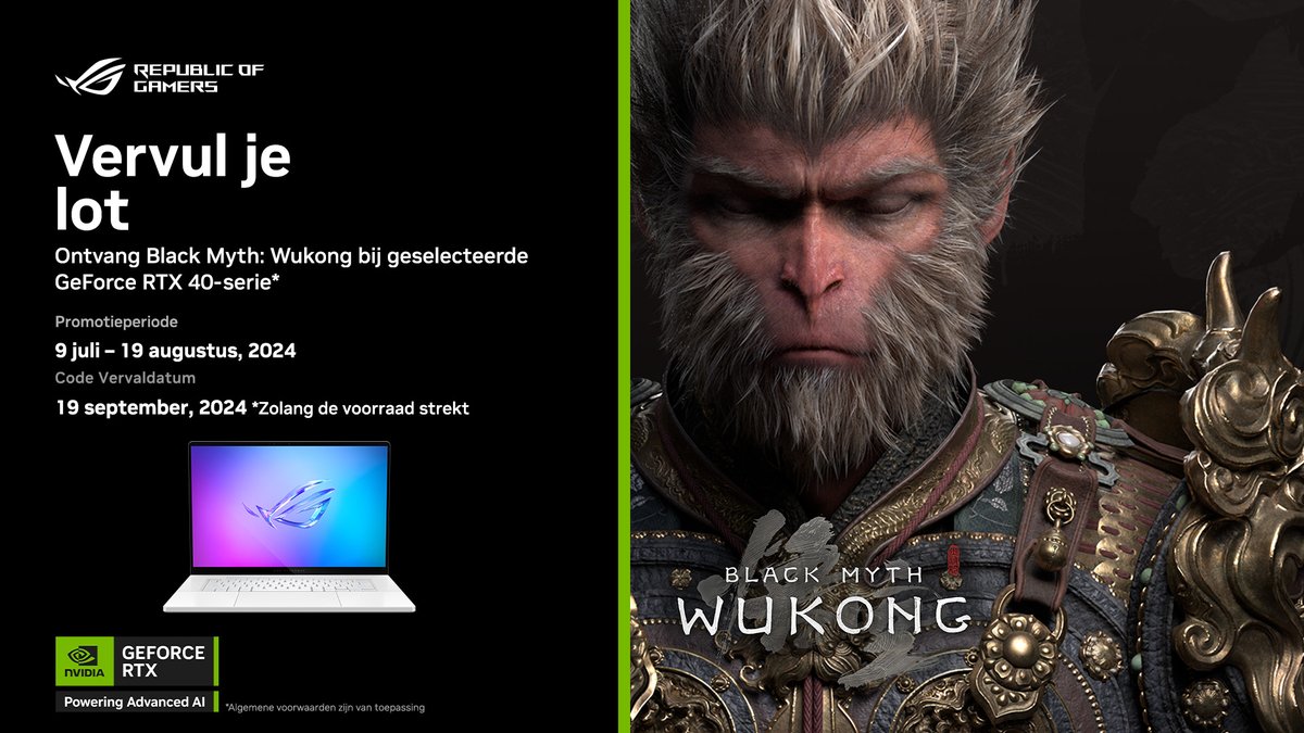 Ook hyped voor de nieuwe Black Myth: Wukong Game?!🙊🙉🙈

Onvang deze game nu gratis tot en met 19 augustus bij aanschaf bij geselecteerde laptops met Gefore RTX 40-serie kaarten. 

Bekijk de deelnemende producten hier: rog.asus.com/event/blackmyt…