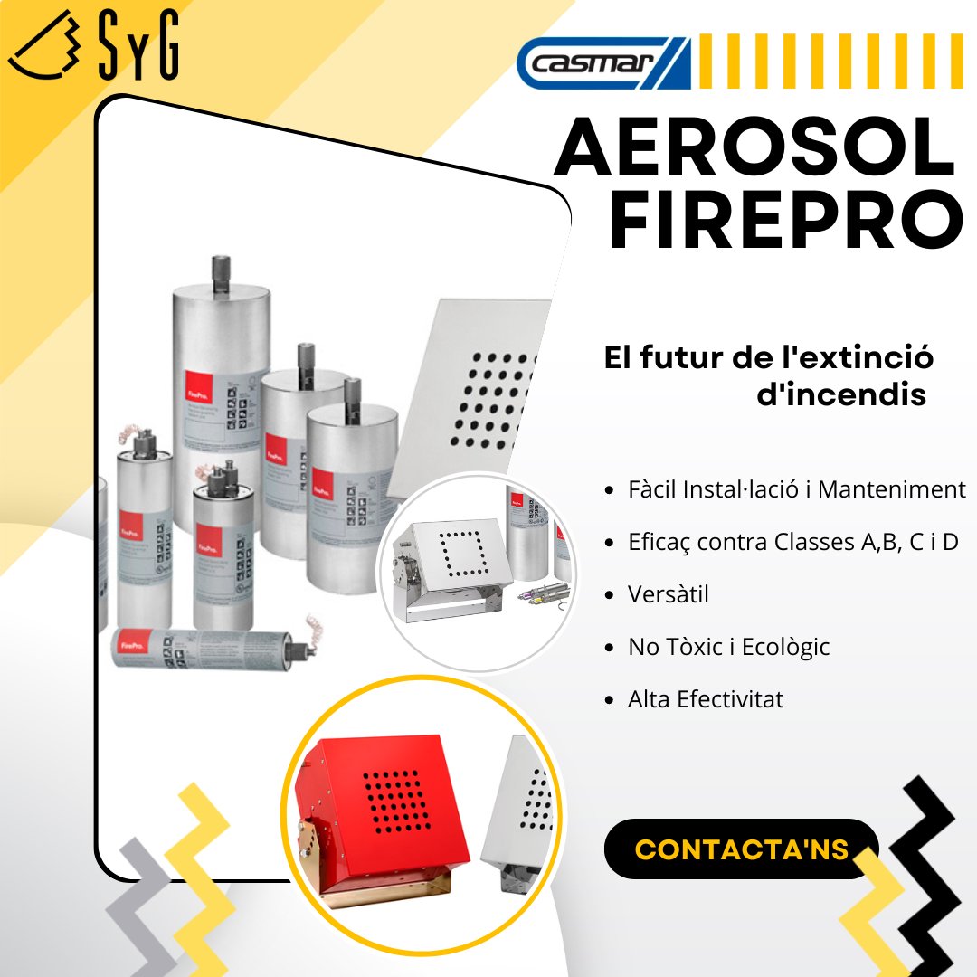 SYG_ONLINE's tweet photo. 🔥✨ Descobreix els Generadors d'Aerosol FirePro, la nova solució d'extinció d'incendis de SYG! ✔️ Segurs, eficients i fàcils d'instal·lar. Ideal per protegir el teu negoci contra tot tipus de focs. Contacta'ns avui mateix per a més informació!
#SYG #FirePro #ProteccióIncendis https://t.co/uBt1VGsm0d