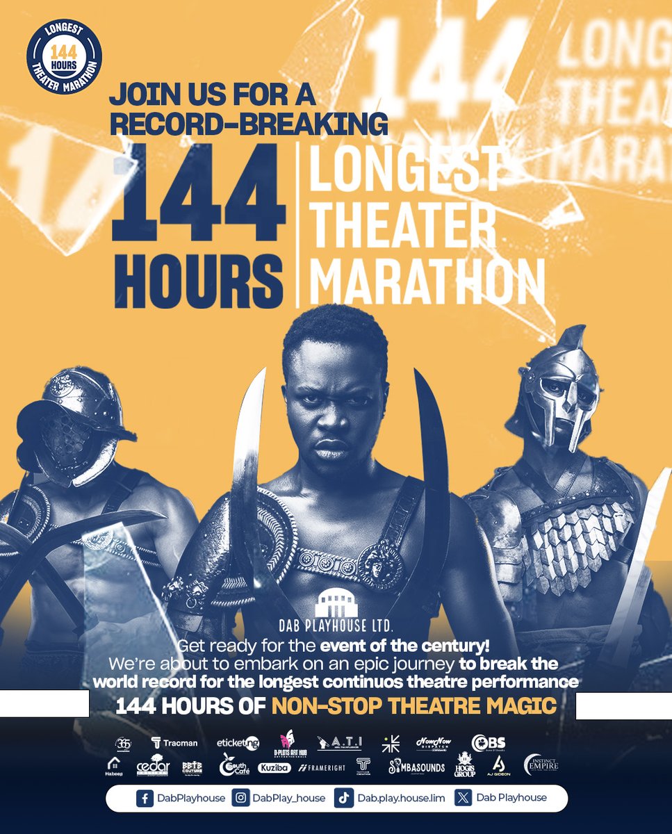DabPlayhouse's tweet photo. We're officially announcing our attempt at the Record for the Longest Theatre Marathon. 

We intend to do this in 144 hours with 62 plays. We are open to sponsors, partners as well as volunteers. 

Where will you be when we make history?

#dabplayhouse #longesttheatermarathon https://t.co/r1NzZ7oADs