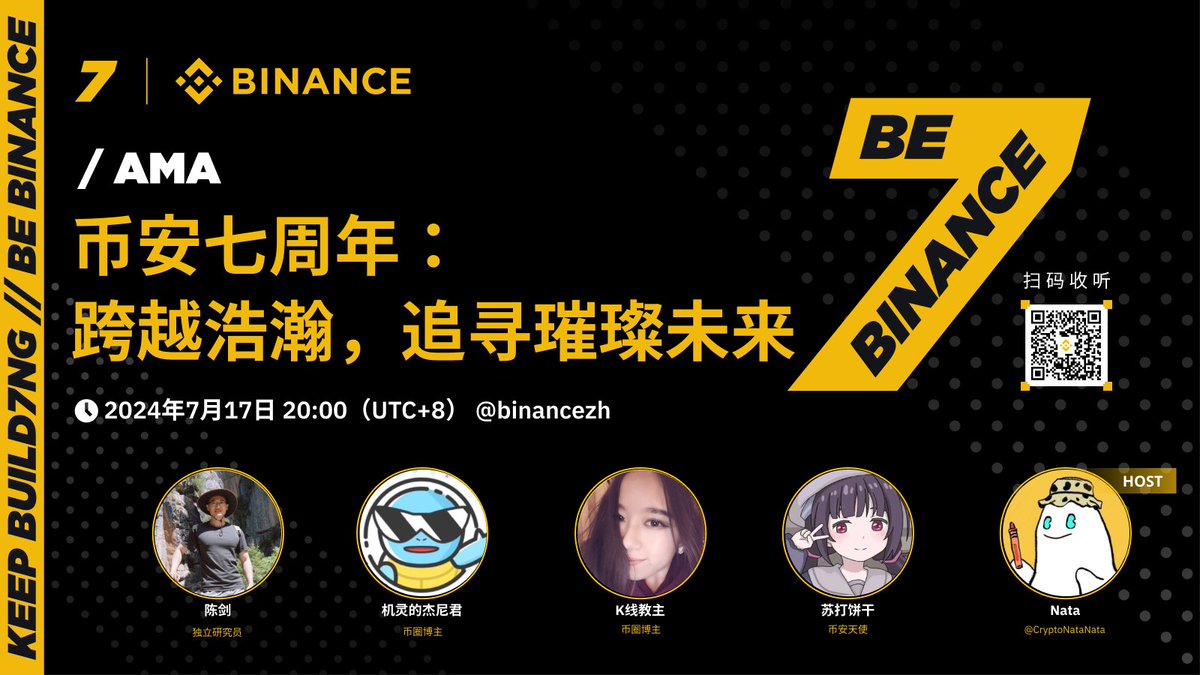 binancezh's tweet photo. 【#币安七周年 特辑AMA】跨越浩瀚，追寻璀璨未来✨

聊聊周年之后大家对币安的建议和期望！
🎙️主持人：@CryptoNataNata
🧑‍🏫嘉宾：@Meta8Mate @jason_chen998 @Paris13Jeanne @AlexCharlotte23 
明晚八点记得订阅✅https://t.co/cfJCDUQCD4
一键三连+订阅，评论留下对币安的期待⬇️抽两位送七周年礼包！ https://t.co/sq5PBHnpvX