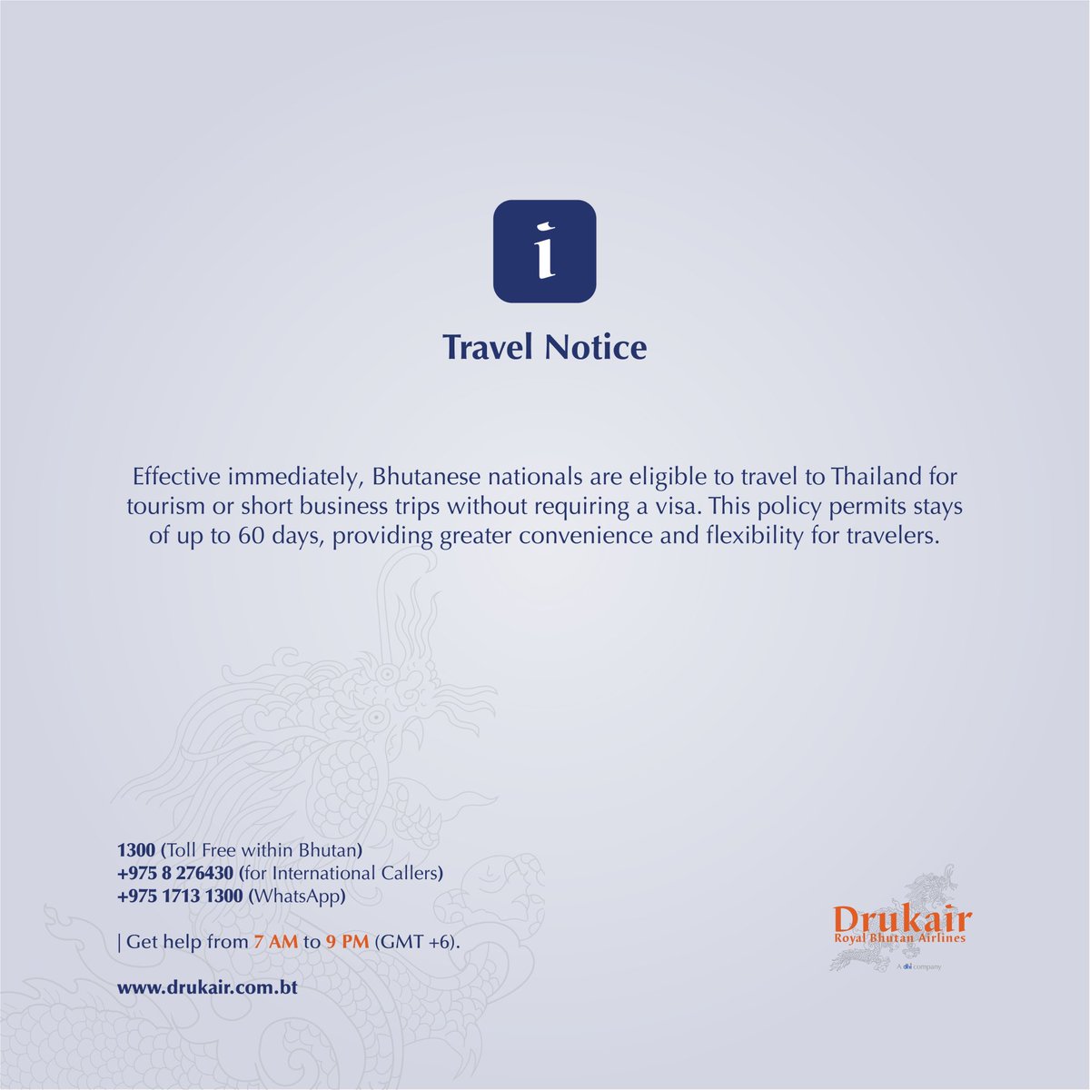 Drukair's tweet photo. 𝐕𝐈𝐒𝐀 𝐄𝐗𝐄𝐌𝐏𝐓𝐈𝐎𝐍 (𝟔𝟎 𝐃𝐀𝐘𝐒)

For more details, please visit : 

https://t.co/OrkJf9IGku
.
.
.
#drukair #exploreconnectfly https://t.co/Sxsv77f8PO