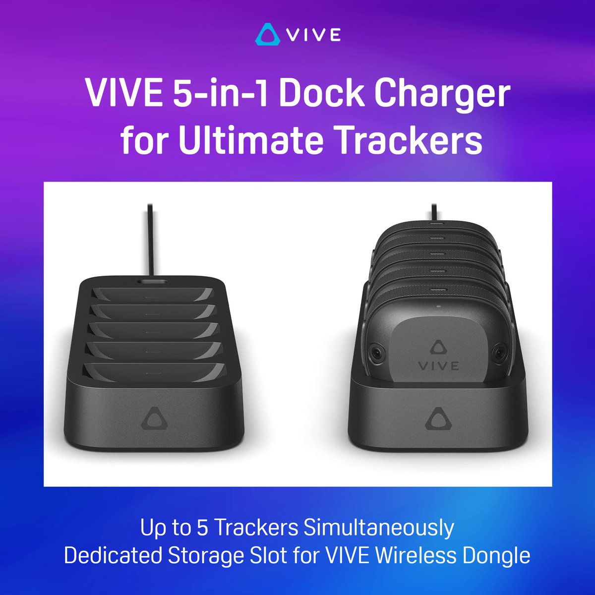 htcvive's tweet photo. No more scrambling to find outlets or untangling a web of cables — just pop your trackers into the dock and watch them juice up in no time!

VIVE 5-in-1 Dock Charger for Ultimate Trackers: https://t.co/Kg0oWUZOmF

#VR #VirtualReality #VIVEUltimateTracker #VRTracking https://t.co/OmpcignjWe