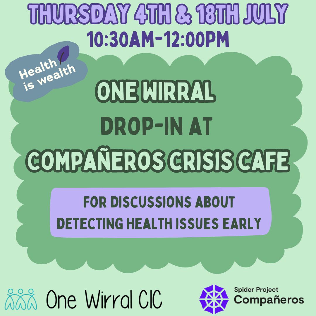 companeros_sp's tweet photo. One Wirral are hosting a drop-in service at Companeros on the Thursday 18th of this month. Come along for discussions about detecting health issues early.
#onewirral #companeros #wirral #service #dropin https://t.co/VR3xUi565C