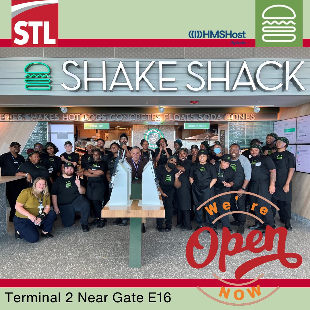 flystl's tweet photo. STL’s newest restaurant opens its doors this AM at 8. Enjoy the great Shake Shack menu from 8 a.m. - 8 p.m. each day at their STL location in Terminal 2 across from Gate E16.
#FLYSTL #NewOptions #ShakeShack #NowOpen #AirportFood #DestinationFood #STLFoodies https://t.co/KrtIGfX28v