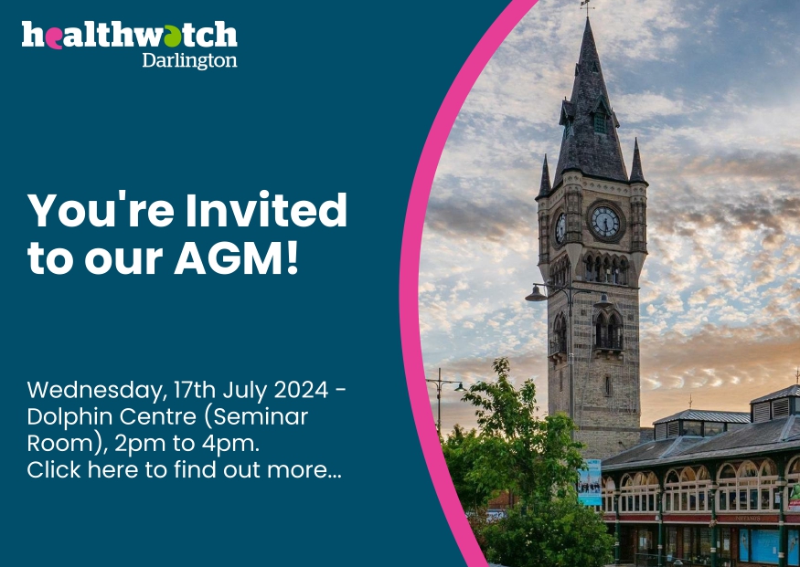 We are delighted to invite you to Healthwatch Darlington's Annual General Meeting (AGM) on Wednesday, where we will share our achievements, discuss our future plans, and explore new opportunities for community involvement.

Find out more: ow.ly/GFcB50SCb5Y