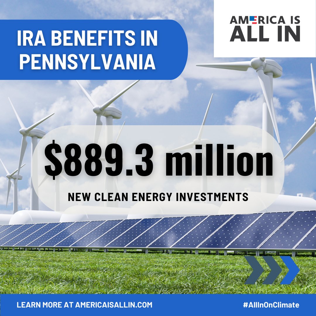 americaisallin's tweet photo. Next on the #AllInTour, we're headed to Philadelphia!
Since the #IRA passed nearly 2 years ago, communities across Pennsylvania have seen the benefits of a #CleanEnergy future, including:
🔋2,398 new jobs
💰$889.3 million in new investments
🔗https://t.co/41oiDXmjOe https://t.co/CmbKSBJj4k
