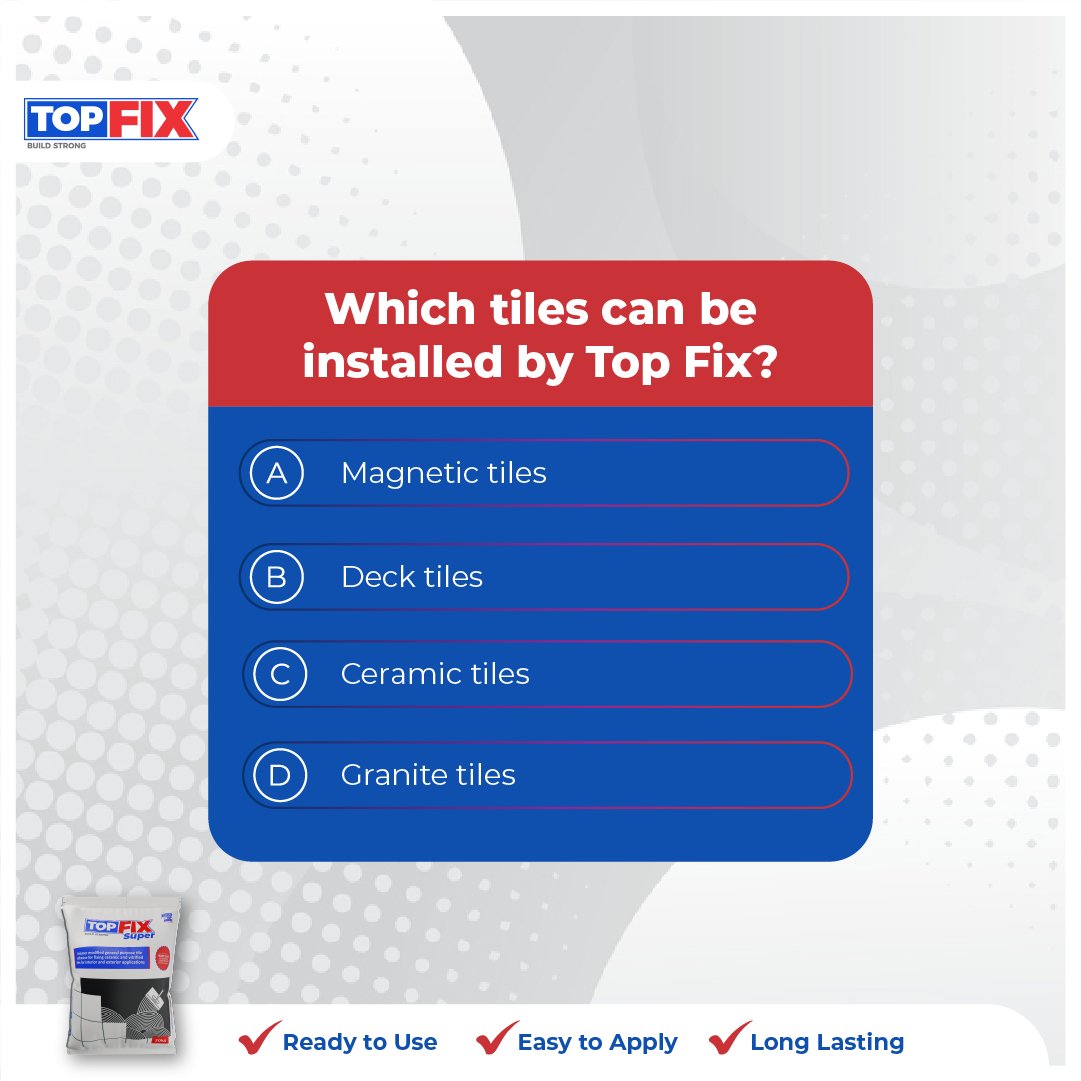 topshieldtopfix's tweet photo. Only one correct answer! A, B, C, or D?
.
.
#TopFix #TileAdhesive #Purechem #Tile https://t.co/MX6K4kTr95