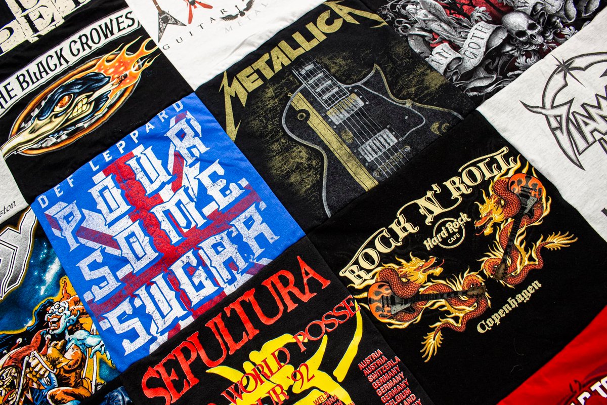 TooManyT_Shirts's tweet photo. Turning band tees into an epic blanket! 🎸

Live music memories from Metallica and Def Leppard, to Sepultura and Dragonforce. This collection of metal/rock shirts is being transformed into a legendary blanket.👕

#tshirtblanket #bandshirt #merch #livemusic #gig #tour #giftideas https://t.co/YXiIzU97si