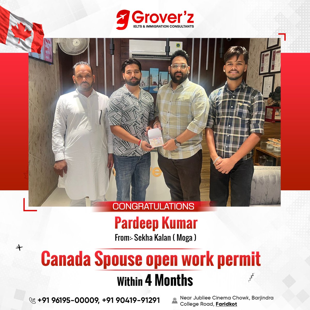 groverz_ielts's tweet image. Pardeep Kumar successfully obtains his Canada spouse open work permit with Grover&apos;z Immigration, marking a joyous reunion with his wife.

 Ready to reunite with your loved ones abroad? Contact us now!🇨🇦
.
#GroverzImmigration #SpouseOpenWorkPermit #FamilyReunion #CanadaVisa