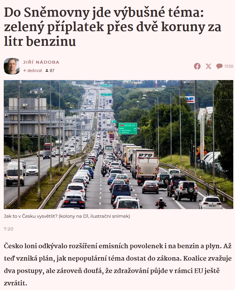 "Zelený" příplatek +2kč za litr benzinu. Spekulantům v emisních povolenkách dáme i za naftu, plyn nebo uhlí. Líbí se vám práce Fialovy vlády v dojemné shodě s partou Ursuly vd Leyen, kterou chtějí europoslanci 5K zvolit podruhé? Souhlasíte s Fialou, že je to náš národní zájem?🤮