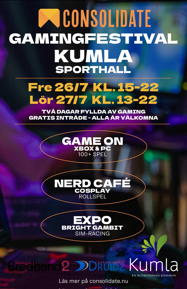 Consolidatevent's tweet photo. Nästa vecka är det dags för gaming i Kumla Sporthall 🎮🔥
Vi ses 26-27 juli!
#consolidatekumla #consolidate #consolidate2024 #sommarlov #sommaren2024 #gaming #spel #gamingfestival #gamingevent #spelevent #evenemang #simracing https://t.co/j3qw3LIptX