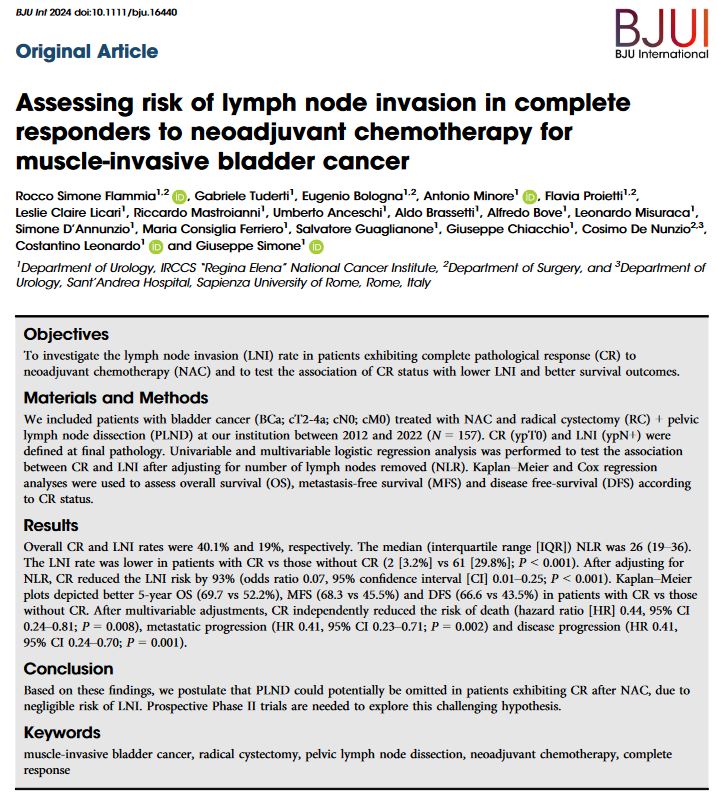 BJU International (@bjuijournal) on Twitter photo Complete response after #neoadjuvant #chemotherapy is associated with negligible lymph nodes invasion rate at final pathology. A call for reconsidering pelvic lymph nodes #dissection in these patients.
<a href="/RS_Flammia/">Rocco Simone Flammia</a> <a href="/uroCosta/">Costantino Leonardo</a>
doi.org/10.1111/bju.16… Complete response after #neoadjuvant #chemotherapy is associated with negligible lymph nodes invasion rate at final pathology. A call for reconsidering pelvic lymph nodes #dissection in these patients.
<a href="/RS_Flammia/">Rocco Simone Flammia</a> <a href="/uroCosta/">Costantino Leonardo</a>
doi.org/10.1111/bju.16…