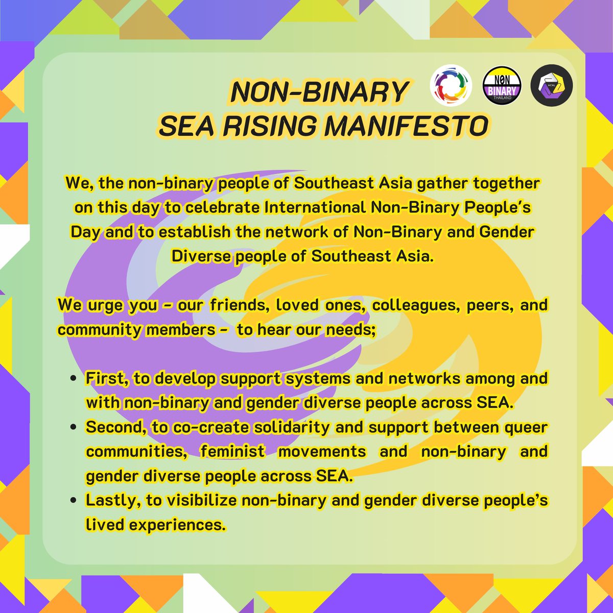 hcnlth's tweet photo. 💛🤍“Nonbinary SEA Rising Manifesto” 💜🖤 is another document that first announced in #NonbinaryRising on 14 July 2024
This is a collaborative works of Non-binary activists representing countries of the region in the workshop hosted by Nonbinary Thailand and @ASEANSOGIE https://t.co/lnGzjz4g4W