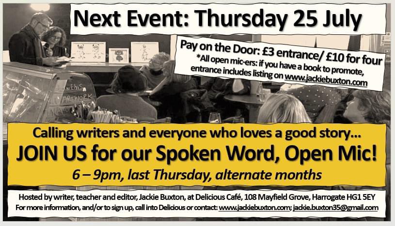 Just one place left for an open micer… and the list for September is also filling up. If you’d like the last spot on 25th July, please let me know asap! Audience also incredibly welcome 🥳 #openmic #Harrogate #amwriting