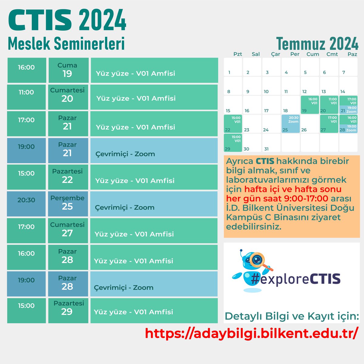 CTIS hakkında sunumlar dinlemek ve sorularınıza yanıt almak için yüz yüze ve çevrimiçi yapılacak Meslek Seminerlerimize katılabilirsiniz: adaybilgi.bilkent.edu.tr/meslekseminerl…
Ayrıca her gün saat 9:00-17:00 arası Bilkent Üniversitesi Doğu Kampüs C Binasını ziyaret edebilirsiniz. #exploreCTIS