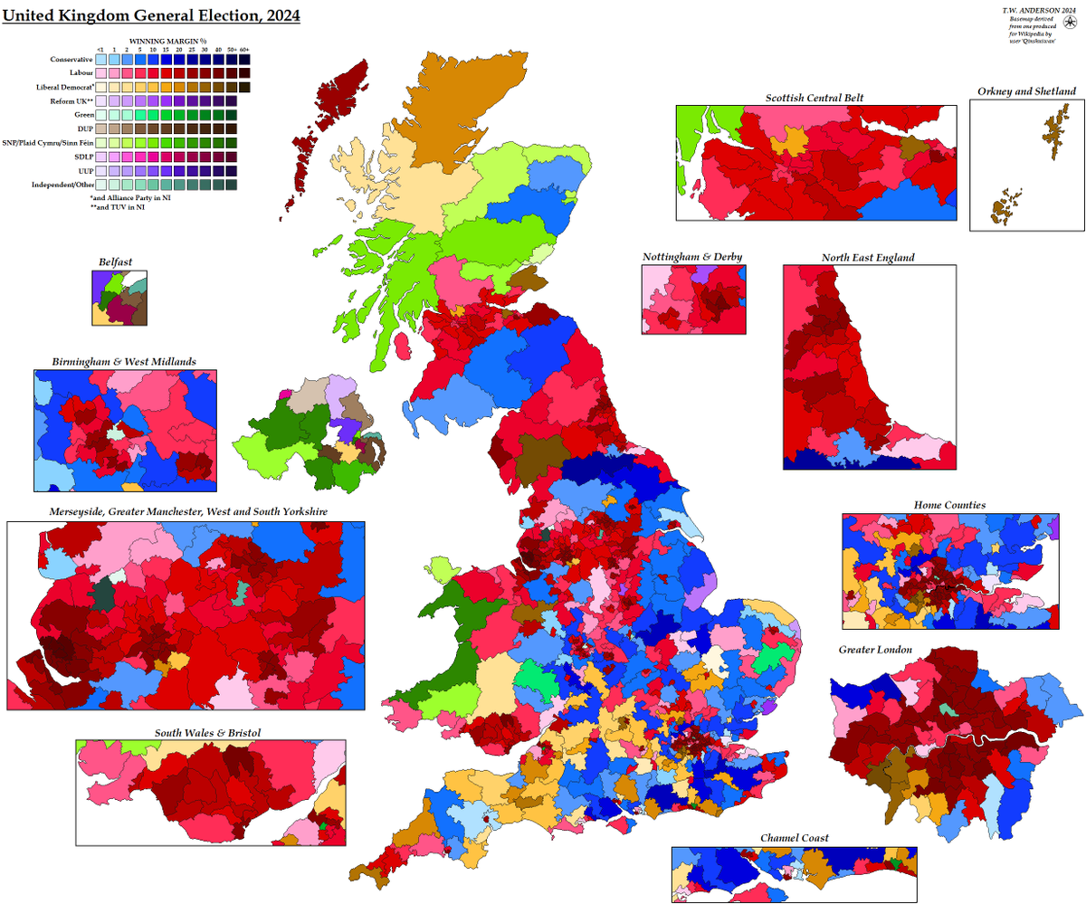 AJRElectionMaps's tweet photo. As the dust settles on the UK #GeneralElection2024, this majority-margin map illustrates the scope of the Conservative defeat. https://t.co/h3bKlOYnwN