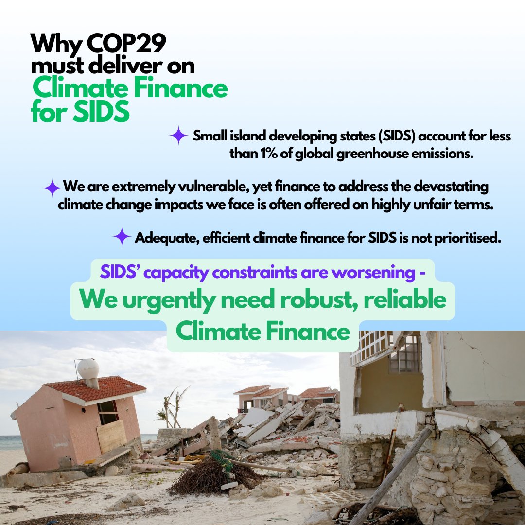 Limiting the🌍average temperature increase below 1.5 C within this critical decade hinges on our ability to provide a robust, efficient financial flow to those who need it most.
At #COP29 countries must seize the crucial chance so SIDS finally receive the support we need!
#NCQG