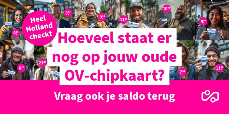 Keolis Nederland (@keolisned) on Twitter photo Heb jij nog een oude OV-chipkaart die je niet meer gebruikt omdat deze verlopen is of omdat je in- en uitcheckt met je betaalpas? Ga dan naar ov-chipkaart.nl/check en vraag je saldo terug. Heb jij nog een oude OV-chipkaart die je niet meer gebruikt omdat deze verlopen is of omdat je in- en uitcheckt met je betaalpas? Ga dan naar ov-chipkaart.nl/check en vraag je saldo terug.