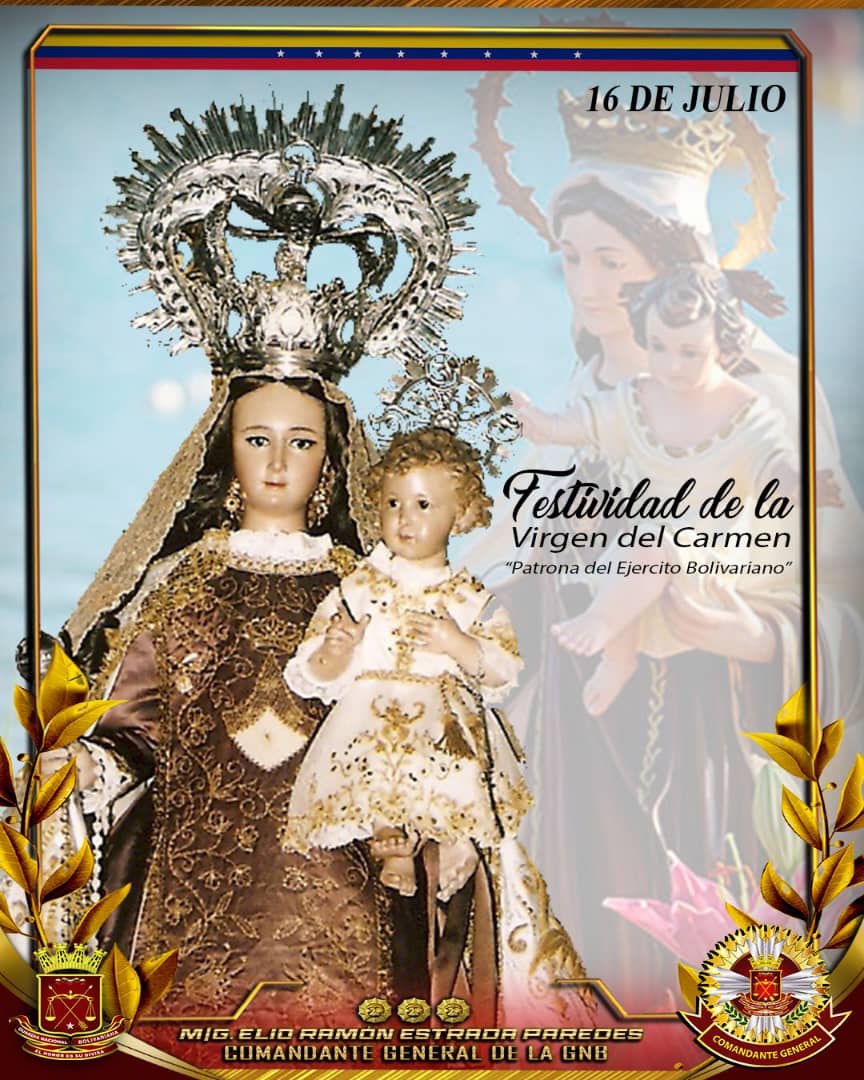 Con profunda fe iniciamos la jornada de este martes, rindiendo honor a los 773 años de la aparición de la Virgen del Carmen, patrona de nuestro Ejército Bolivariano, de los cuerpos Policiales y protectora de los Pescadores y Conductores ¡Santa madre, bajo tu bendición!