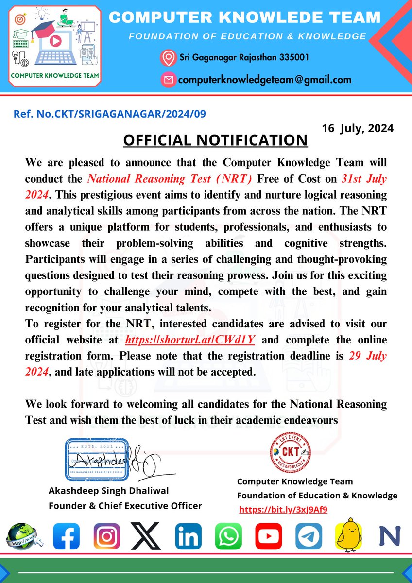 ComputerkTeam's tweet photo. We are pleased to announce that the Computer Knowledge Team will conduct the National Reasoning Test (NRT)  Free of Cost on 31st July 2024.   To register for the NRT, interested candidates are advised to visit our official website at https://t.co/CSNIQqKNE4 https://t.co/89oaZdjK4U