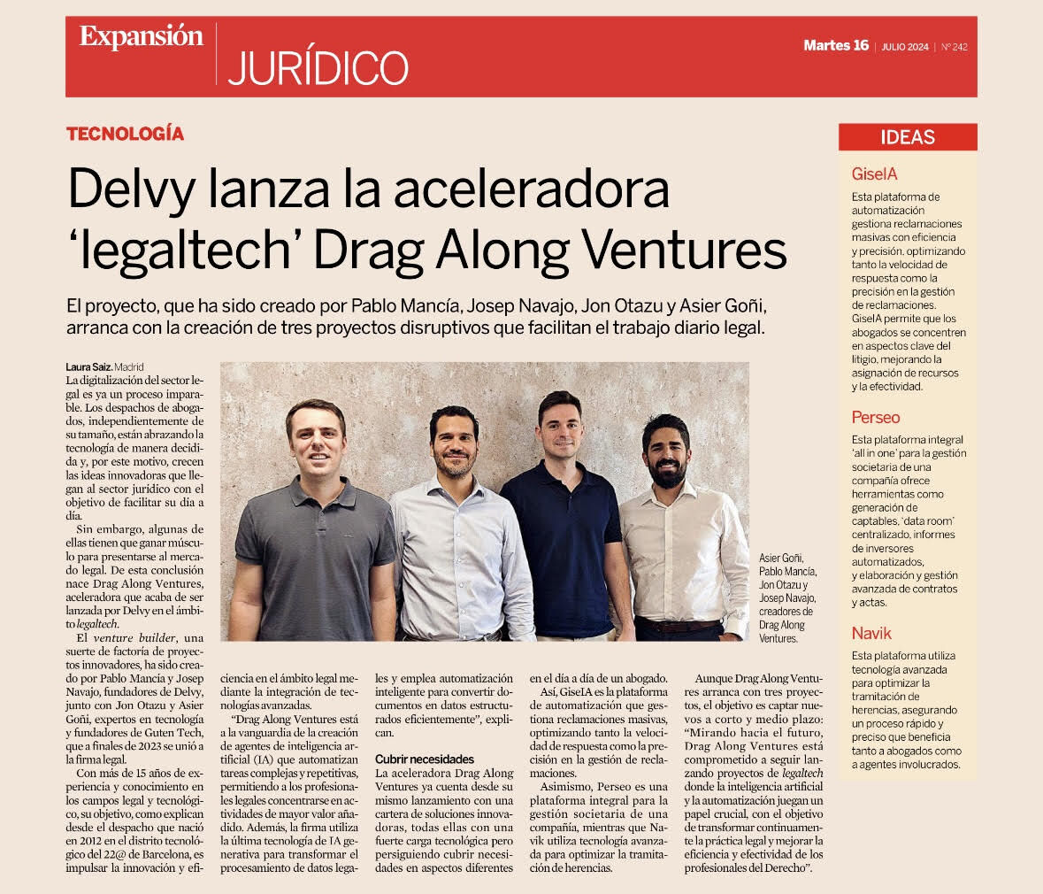 Lanzamos Drag Along Ventures, nuestro venture builder legal tech.