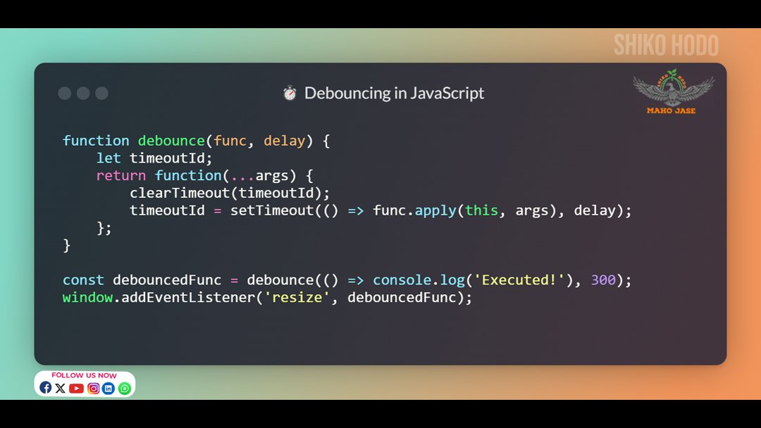 mahojase's tweet photo. How do you implement debouncing? ⏱️
.
.
.
#JavaScript #Debouncing #PerformanceOptimization #WebDevelopment #Coding #LearnToCode #JSOptimization #EventHandling #ThrottleVsDebounce #AsyncProgramming https://t.co/d4IuTf6Hq5