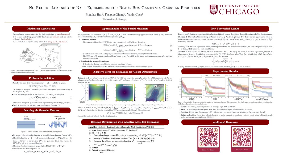Yuxin Chen (@yuxinch) on Twitter photo Also excited to present "No-Regret Learning of Nash Equilibrium for Black-Box Games via Gaussian Processes" led by <a href="/zhangfx7UC/">Fengxue Zhang</a> and <a href="/imdothan/">Minbiao Han</a> (Paper: openreview.net/pdf?id=LMcHRkp…). Please stop by poster #446 this afternoon to have a chat! #UAI2024 Also excited to present "No-Regret Learning of Nash Equilibrium for Black-Box Games via Gaussian Processes" led by <a href="/zhangfx7UC/">Fengxue Zhang</a> and <a href="/imdothan/">Minbiao Han</a> (Paper: openreview.net/pdf?id=LMcHRkp…). Please stop by poster #446 this afternoon to have a chat! #UAI2024