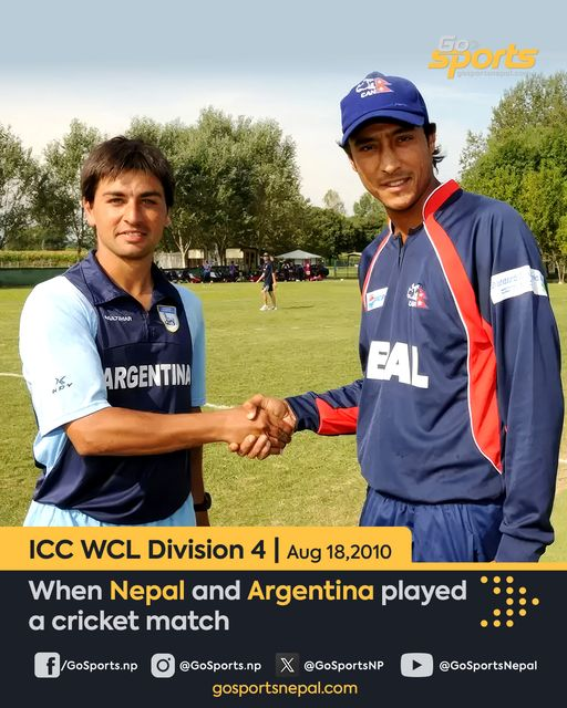 🗓️ August 18, 2010
🇳🇵 Nepal vs Argentina 🇦🇷
🔴 ICC WCL, Division 4
Did you know that Nepal and Argentina played a cricket match in 2010? The event was ICC WCL Division 4.

Nepal won the match by 8 wickets; chasing 193 in 32.4 overs.

#GoSportsNp #NepalCricket #Argentina