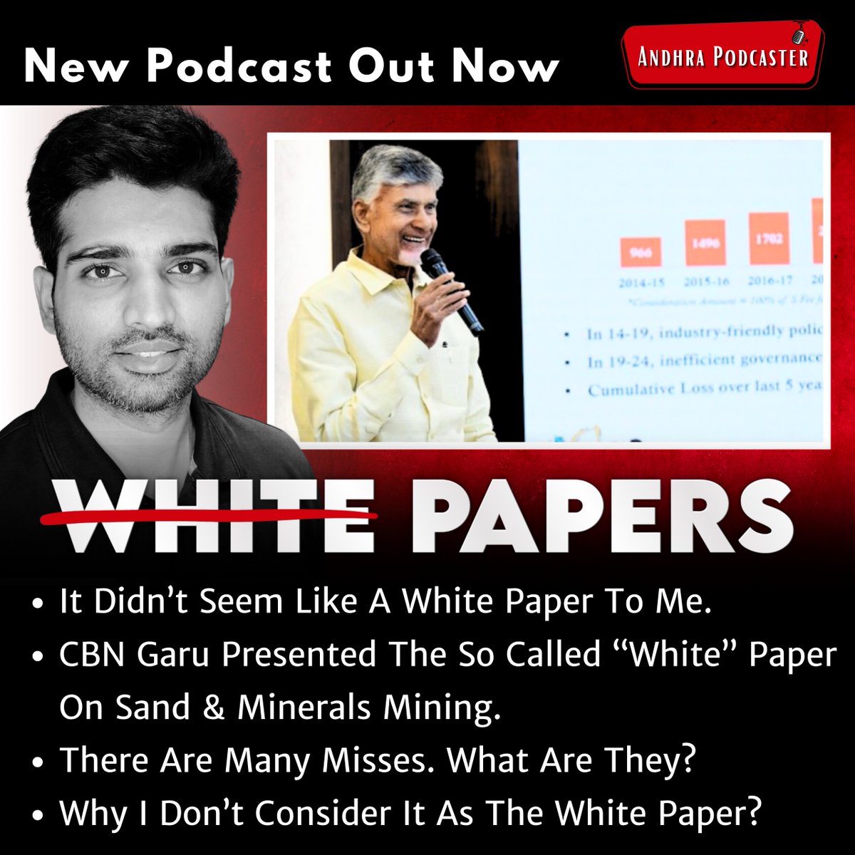 AndhraPodcaster's tweet photo. Many Misses In CBN's "White" Paper On Sand Mining | #Ep273 Andhra Podcaster | Vijay Kesari
Link to the podcast: https://t.co/pI4sBWv3FR
Friends, they do not seem like white papers to me. AP CM CBN Garu officially presented what is called a white paper on Sand Mining, along with Land Grabbing and Forest Wealth. Land Grabbing was covered in the previous episode, and the next episode will cover Forest Wealth.
Please put any questions you have in the comments section below this post and thanks for your interest in the development of Andhra.
- Vijay
#andhrapodcaster #vijaykesari #andhrapradesh #andhradevelopment #ap #apdevelopment #andhrapodcast #bjp #tdp #jsp #pawankalyan #ncbn #chandrababunaidu #ycp #ysjagan #ysrc #ysrcp #andhraentrepreneurs #innovation #entrepreneurship #vijaykesaripodcast
