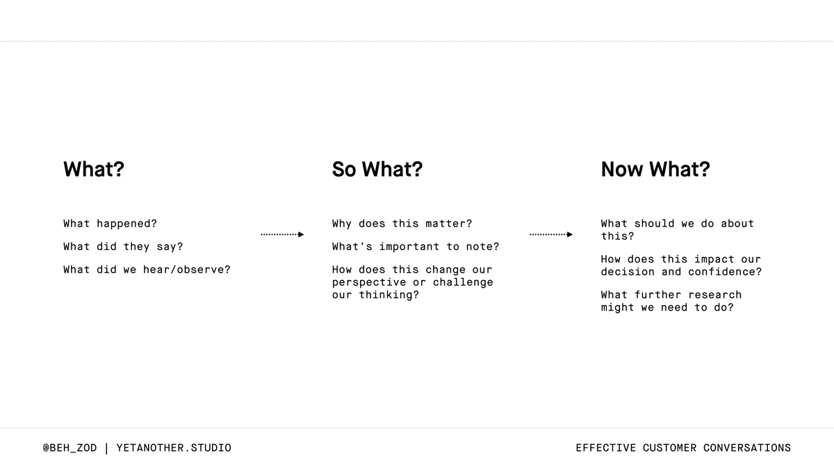 Dan is spot on here. 

The most helpful and straightforward framework I've found for going from data -> action is:
- What?
- So What?
- Now What?

Makes it easy for teams to discuss/align on what they heard/observed, what it meant, and what you should do about it.