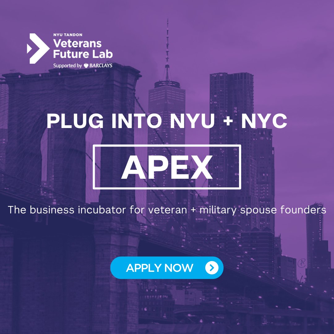 🌟 Elevate your business! Join Apex, NYU Tandon Veterans Future Lab’s equity-free incubator for veteran-led ventures. Access NYU resources, legal hours with Goodwin, AWS credits, and more. Apply now and ignite your entrepreneurial journey: bit.ly/3BO4kea