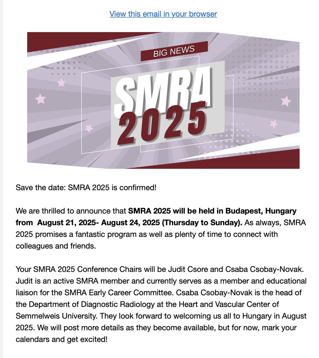 trisharoymd's tweet photo. Join us in Budapest for @SMRAngio 2025! Congratulations to @JuditCsore and Csaba Csobay-Novak. Looking forward to a fantastic meeting! https://t.co/7cwYfYLbbl