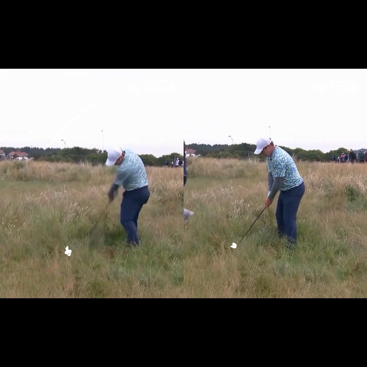 dannymoo23's tweet photo. @NUCLRGOLF For the whiffing comments - practice swing on left and addressing the ball on right. He’s clearly away from the ball when he does his practice swing - actually in front of it too. He does a full swing to understand how the club reacts through the grass. 
Very lucky break is all. https://t.co/CHFRCQCjHv