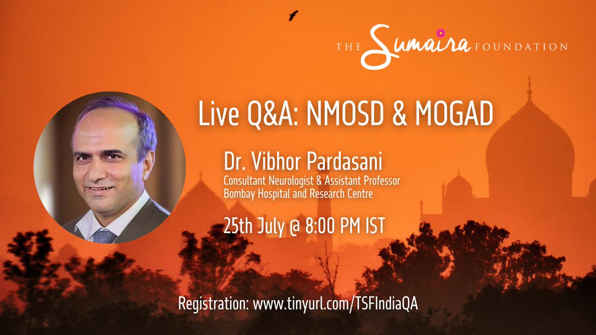 🇮🇳 TSF Ambassadors of India invite South Asian patients &amp; caregivers impacted by #NMOSD #MOGAD #TM to join a live Q&amp;A session with Dr. <a href="/PardasaniVibhor/">Vibhor Pardasani</a>, neurologist &amp; Asst. Professor at <a href="/BombayHospital/">Bombay Hospital</a>

This meeting will be in English. Registration:
tinyurl.com/TSFIndiaQA