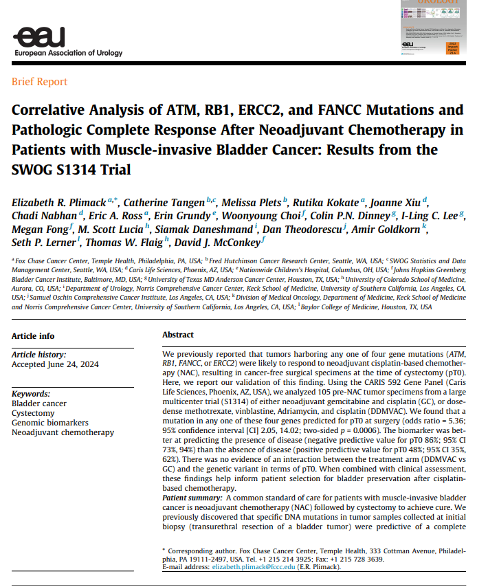 Laura Bukavina (@laurabukavinamd) on Twitter photo Results from the SWOG S1314 trial validate earlier findings in ATM, RB1, ERCC2, or FANCC predict CR to NAC in muscle-invasive bladder cancer.. not perfect but predictive .. with NPV 86% .. better at predicting presence of disease > absence sciencedirect.com/science/articl… <a href="/EUplatinum/">European Urology</a> Results from the SWOG S1314 trial validate earlier findings in ATM, RB1, ERCC2, or FANCC predict CR to NAC in muscle-invasive bladder cancer.. not perfect but predictive .. with NPV 86% .. better at predicting presence of disease > absence sciencedirect.com/science/articl… <a href="/EUplatinum/">European Urology</a>