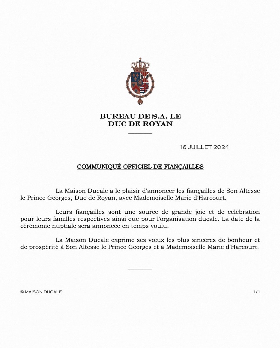 MaisonDucale's tweet photo. 💍 𝟏𝟔.𝟎𝟕.𝟐𝟎𝟐𝟒 | Communiqué de presse de la Maison Ducale - Press release from the Maison Ducale. https://t.co/TC5dlQF9vx