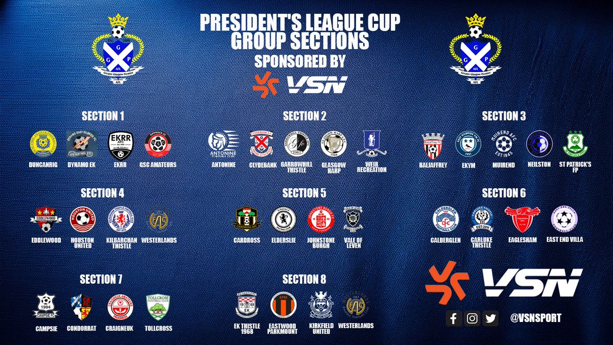 Greater Glasgow Premier AFL (@ggpafl) on Twitter photo The 2024/25 President's Cup League Cup Group Sections have been drawn.
<a href="/ScotAmFA/">Scottish Amateur FA</a> <a href="/scottish_aff/">AmateurFixturesResultsSCO</a> <a href="/vsnsport/">VSN SPORT</a> The 2024/25 President's Cup League Cup Group Sections have been drawn.
<a href="/ScotAmFA/">Scottish Amateur FA</a> <a href="/scottish_aff/">AmateurFixturesResultsSCO</a> <a href="/vsnsport/">VSN SPORT</a>