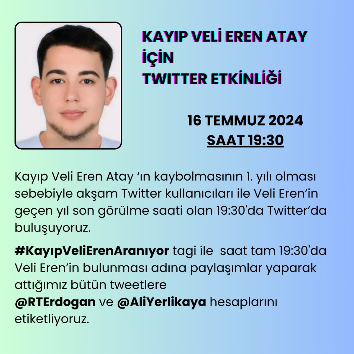 Lütfen ailenin sesini duyun çocuğumuz 1 yıldır kayıp <a href="/RTErdogan/">Recep Tayyip Erdoğan</a>
<a href="/AliYerlikaya/">Ali Yerlikaya</a> <a href="/OguzhanUgur/">Oğuzhan Uğur</a> <a href="/haluklevent/">Haluk Levent ( Ahbap Ekibi )</a>
#kayıpvelierenaranıyor